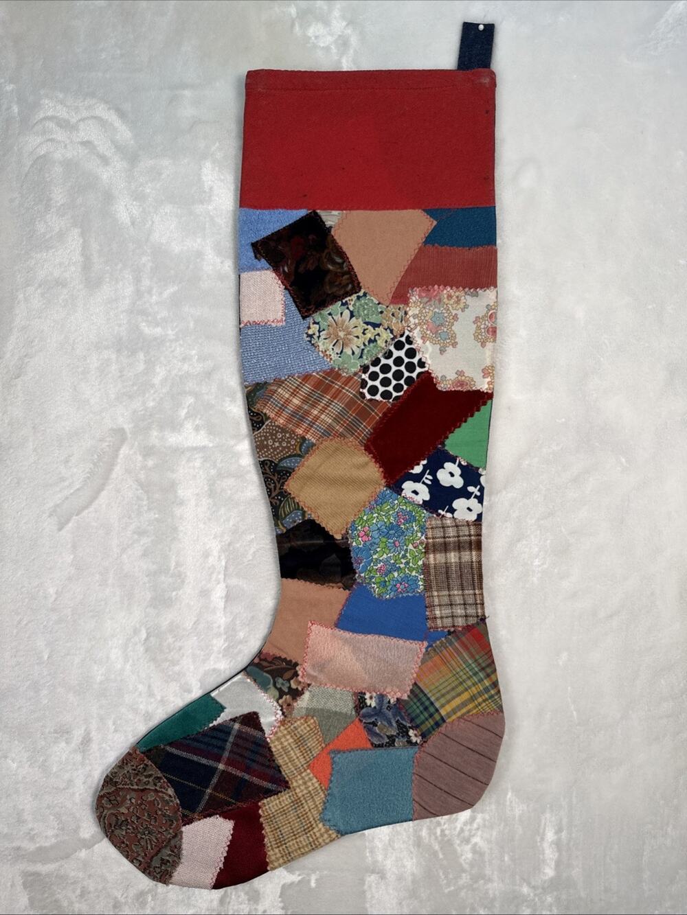 LG VINTAGE CRAZY QUILT & Denim Homemade Christmas STOCKING 26” Long
